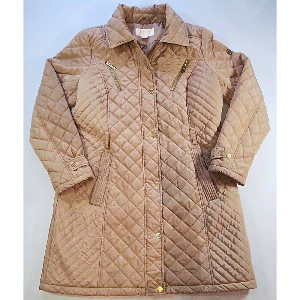 Michael Michael Kors Women’s Brown Quilted Long Coat Full Zip Snap Pockets L